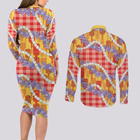 Hawaii Kahili Palaka Motifs Couples Matching Long Sleeve Bodycon Dress and Long Sleeve Button Shirt Hawaiian Honohono Pikake Lei LT14 - Polynesian Pride