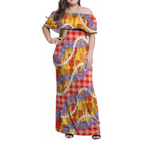 Hawaii Kahili Palaka Motifs Family Matching Off Shoulder Maxi Dress and Hawaiian Shirt Hawaiian Honohono Pikake Lei LT14 Mom's Dress Red - Polynesian Pride
