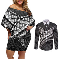 Hawaii Lauhala Tattoo Couples Matching Off Shoulder Short Dress and Long Sleeve Button Shirt Hawaiian Hala Leaf Weaving