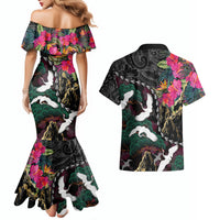 Hawaiian and Japanese Culture Couples Matching Mermaid Dress and Hawaiian Shirt Crane Sakura Hibiscus Tropical Vibes LT14 - Polynesian Pride
