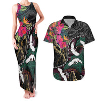 Hawaiian and Japanese Culture Couples Matching Tank Maxi Dress and Hawaiian Shirt Crane Sakura Hibiscus Tropical Vibes LT14 Black - Polynesian Pride