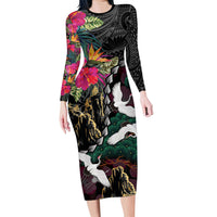 Hawaiian and Japanese Culture Family Matching Long Sleeve Bodycon Dress and Hawaiian Shirt Crane Sakura Hibiscus Tropical Vibes LT14 Mom's Dress Black - Polynesian Pride