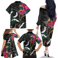 Hawaiian and Japanese Culture Family Matching Off The Shoulder Long Sleeve Dress and Hawaiian Shirt Crane Sakura Hibiscus Tropical Vibes LT14 - Polynesian Pride
