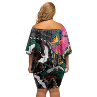 Hawaiian and Japanese Culture Off Shoulder Short Dress Crane Sakura Hibiscus Tropical Vibes