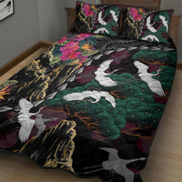 Hawaiian and Japanese Culture Quilt Bed Set Crane Sakura Hibiscus Tropical Vibes