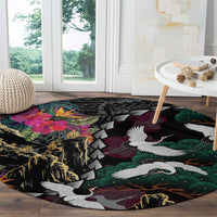 Hawaiian and Japanese Culture Round Carpet Crane Sakura Hibiscus Tropical Vibes