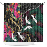 Hawaiian and Japanese Culture Shower Curtain Crane Sakura Hibiscus Tropical Vibes