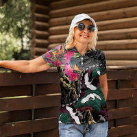 Hawaiian and Japanese Culture Women Polo Shirt Crane Sakura Hibiscus Tropical Vibes