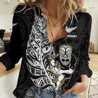 New Zealand Silver Fern Rugby Women Casual Shirt All Black Maori Version Black LT14 Female Black - Polynesian Pride