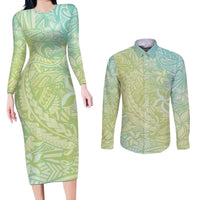 Baby Green Gradient Polynesia Couples Matching Long Sleeve Bodycon Dress and Long Sleeve Button Shirt Hawaiian Tribal Hammerhead Shark Tattoo LT14 Baby Green - Polynesian Pride