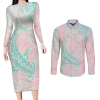 Baby Pink Gradient Polynesia Couples Matching Long Sleeve Bodycon Dress and Long Sleeve Button Shirt Hawaiian Tribal Hammerhead Shark Tattoo LT14 Baby Pink - Polynesian Pride
