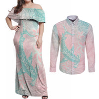 Baby Pink Gradient Polynesia Couples Matching Off Shoulder Maxi Dress and Long Sleeve Button Shirt Hawaiian Tribal Hammerhead Shark Tattoo LT14 Baby Pink - Polynesian Pride