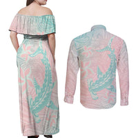 Baby Pink Gradient Polynesia Couples Matching Off Shoulder Maxi Dress and Long Sleeve Button Shirt Hawaiian Tribal Hammerhead Shark Tattoo LT14 - Polynesian Pride
