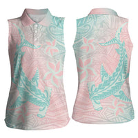 Baby Pink Gradient Polynesia Women Sleeveless Polo Shirt Hawaiian Tribal Hammerhead Shark Tattoo LT14 - Polynesian Pride
