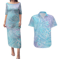Baby Blue Gradient Polynesia Couples Matching Puletasi and Hawaiian Shirt Hawaiian Tribal Hammerhead Shark Tattoo LT14 Baby Blue - Polynesian Pride