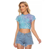 Baby Blue Gradient Polynesia Raglan Cropped T Shirt Hawaiian Tribal Hammerhead Shark Tattoo