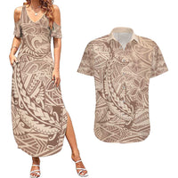 Pastel Brown Polynesia Couples Matching Summer Maxi Dress and Hawaiian Shirt Hawaiian Tribal Hammerhead Shark Tattoo LT14 Pastel Brown - Polynesian Pride