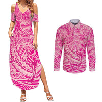 Beige Gradient Polynesia Couples Matching Summer Maxi Dress and Long Sleeve Button Shirt Hawaiian Tribal Hammerhead Shark Tattoo