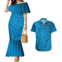Blue Gradient Polynesia Couples Matching Mermaid Dress and Hawaiian Shirt Hawaiian Tribal Hammerhead Shark Tattoo LT14 Blue - Polynesian Pride