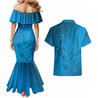 Blue Gradient Polynesia Couples Matching Mermaid Dress and Hawaiian Shirt Hawaiian Tribal Hammerhead Shark Tattoo LT14 - Polynesian Pride