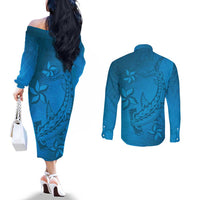 Blue Gradient Polynesia Couples Matching Off The Shoulder Long Sleeve Dress and Long Sleeve Button Shirt Hawaiian Tribal Hammerhead Shark Tattoo LT14 - Polynesian Pride