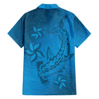 Blue Gradient Polynesia Family Matching Off The Shoulder Long Sleeve Dress and Hawaiian Shirt Hawaiian Tribal Hammerhead Shark Tattoo