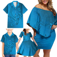 Blue Gradient Polynesia Family Matching Off Shoulder Short Dress and Hawaiian Shirt Hawaiian Tribal Hammerhead Shark Tattoo LT14 - Polynesian Pride