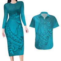 Dark Cyan Gradient Polynesia Couples Matching Long Sleeve Bodycon Dress and Hawaiian Shirt Hawaiian Tribal Hammerhead Shark Tattoo LT14 Dark Cyan - Polynesian Pride