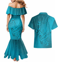 Dark Cyan Gradient Polynesia Couples Matching Mermaid Dress and Hawaiian Shirt Hawaiian Tribal Hammerhead Shark Tattoo LT14 - Polynesian Pride