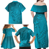 Dark Cyan Gradient Polynesia Family Matching Off Shoulder Maxi Dress and Hawaiian Shirt Hawaiian Tribal Hammerhead Shark Tattoo LT14 - Polynesian Pride
