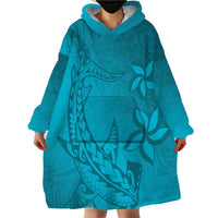 Dark Cyan Gradient Polynesia Wearable Blanket Hoodie Hawaiian Tribal Hammerhead Shark Tattoo