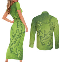 Green Gradient Polynesia Couples Matching Short Sleeve Bodycon Dress and Long Sleeve Button Shirt Hawaiian Tribal Hammerhead Shark Tattoo LT14 - Polynesian Pride