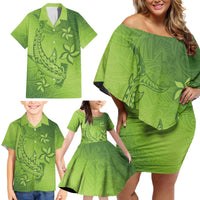 Green Gradient Polynesia Family Matching Off Shoulder Short Dress and Hawaiian Shirt Hawaiian Tribal Hammerhead Shark Tattoo LT14 - Polynesian Pride