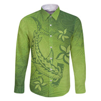 Green Gradient Polynesia Family Matching Off Shoulder Short Dress and Hawaiian Shirt Hawaiian Tribal Hammerhead Shark Tattoo LT14 Dad's Shirt - Long Sleeve Green - Polynesian Pride