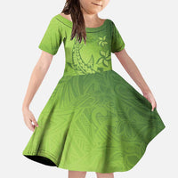 Green Gradient Polynesia Family Matching Summer Maxi Dress and Hawaiian Shirt Hawaiian Tribal Hammerhead Shark Tattoo LT14 Daughter's Dress Green - Polynesian Pride