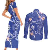 FSM Chuuk Constitution Day Couples Matching Short Sleeve Bodycon Dress and Long Sleeve Button Shirt Frangipani Flowers Polynesian Curves Style