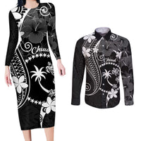 FSM Chuuk Couples Matching Long Sleeve Bodycon Dress and Long Sleeve Button Shirt Turtle Tropical Flowers Polynesian - Black LT14 Black - Polynesian Pride