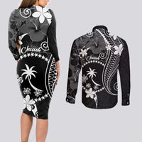 FSM Chuuk Couples Matching Long Sleeve Bodycon Dress and Long Sleeve Button Shirt Turtle Tropical Flowers Polynesian - Black LT14 - Polynesian Pride