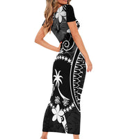 FSM Chuuk Family Matching Short Sleeve Bodycon Dress and Hawaiian Shirt Turtle Tropical Flowers Polynesian - Black