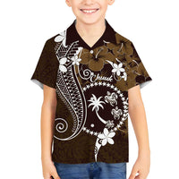 FSM Chuuk Family Matching Long Sleeve Bodycon Dress and Hawaiian Shirt Turtle Tropical Flowers Polynesian - Brown