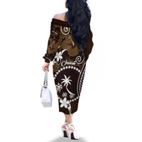 FSM Chuuk Family Matching Off The Shoulder Long Sleeve Dress and Hawaiian Shirt Turtle Tropical Flowers Polynesian - Brown