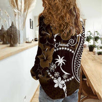 FSM Chuuk Women Casual Shirt Turtle Tropical Flowers Polynesian - Brown