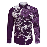 FSM Chuuk Family Matching Off The Shoulder Long Sleeve Dress and Hawaiian Shirt Turtle Tropical Flowers Polynesian - Purple LT14 Dad's Shirt - Long Sleeve Purple - Polynesian Pride