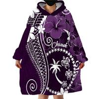 FSM Chuuk Wearable Blanket Hoodie Turtle Tropical Flowers Polynesian - Purple