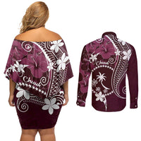 FSM Chuuk Couples Matching Off Shoulder Short Dress and Long Sleeve Button Shirt Turtle Tropical Flowers Polynesian - Pink