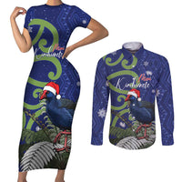 Personalized New Zealand Pukeko Christmas Couples Matching Short Sleeve Bodycon Dress and Long Sleeve Button Shirt Meri Kirihimete Taniko Ponga Koru Blue - Polynesian Pride