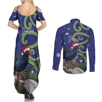 Personalized New Zealand Pukeko Christmas Couples Matching Summer Maxi Dress and Long Sleeve Button Shirt Meri Kirihimete Taniko Ponga Koru Blue LT14 - Polynesian Pride