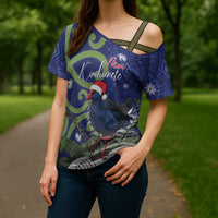 Personalized New Zealand Pukeko Christmas Cross Shoulder Shirt Meri Kirihimete Taniko Ponga Koru Blue - Polynesian Pride