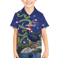 Personalized New Zealand Pukeko Christmas Family Matching Long Sleeve Bodycon Dress and Hawaiian Shirt Meri Kirihimete Taniko Ponga Koru Blue LT14 Son's Shirt Blue - Polynesian Pride
