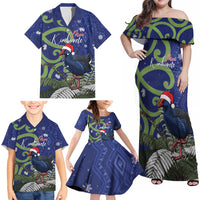 Personalized New Zealand Pukeko Christmas Family Matching Off Shoulder Maxi Dress and Hawaiian Shirt Meri Kirihimete Taniko Ponga Koru Blue - Polynesian Pride